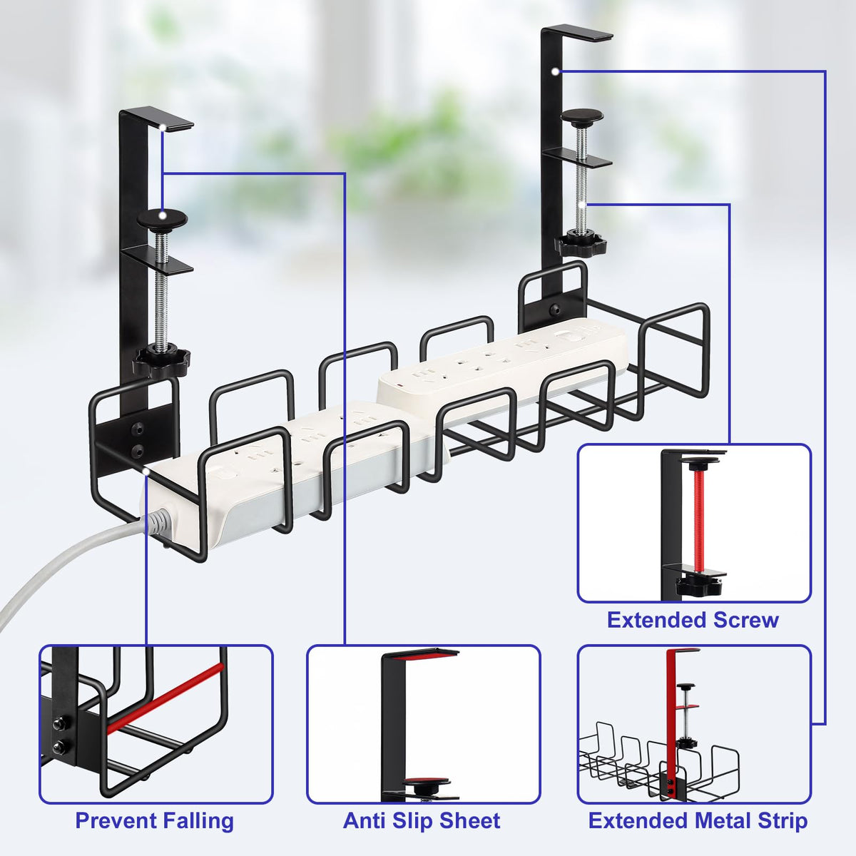OneLeaf power strip inside tray demonstrating tidy adapter storage and reduced trip hazard benefit