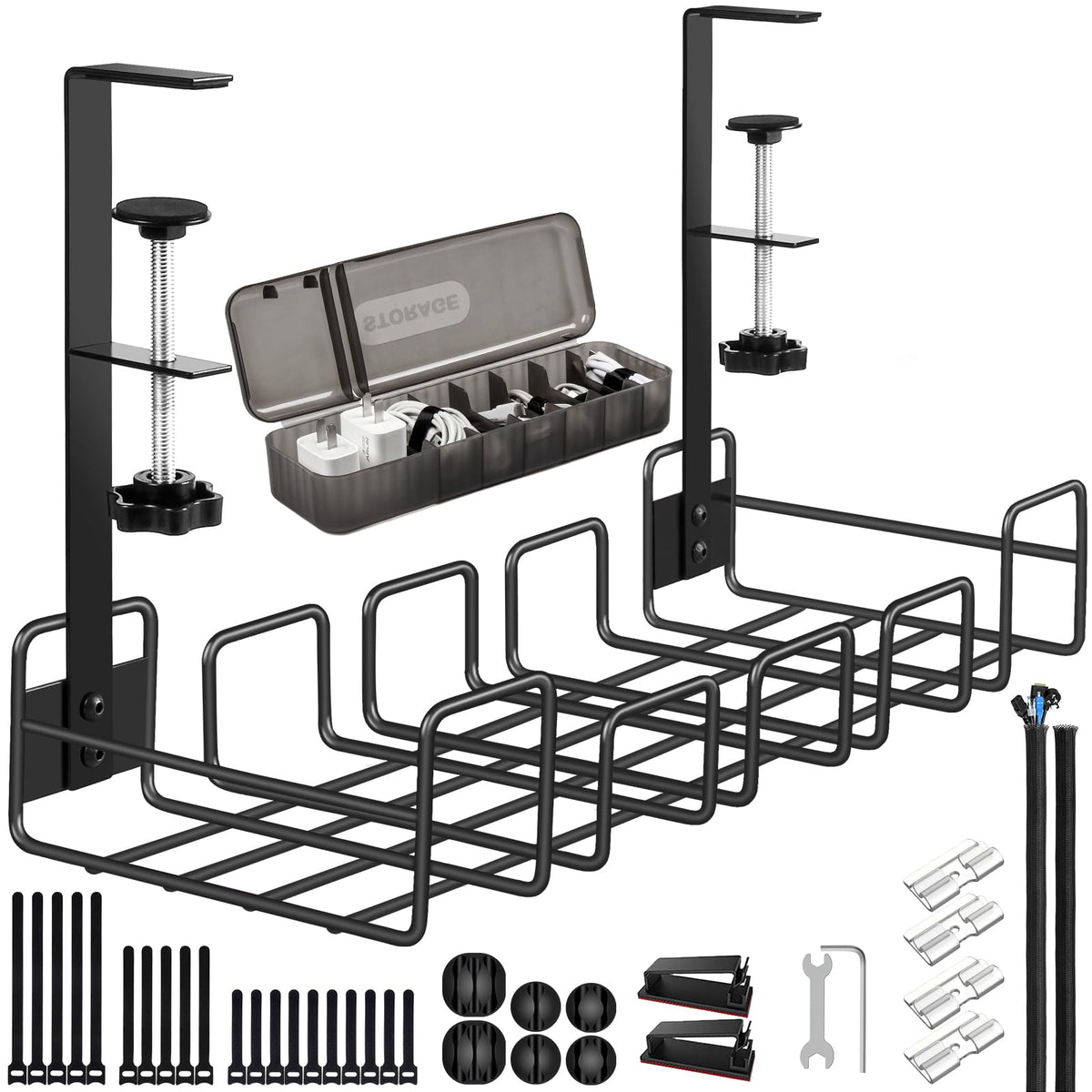 OneLeaf tray front view showing neat off-desk cord organization and tidy workspace benefit