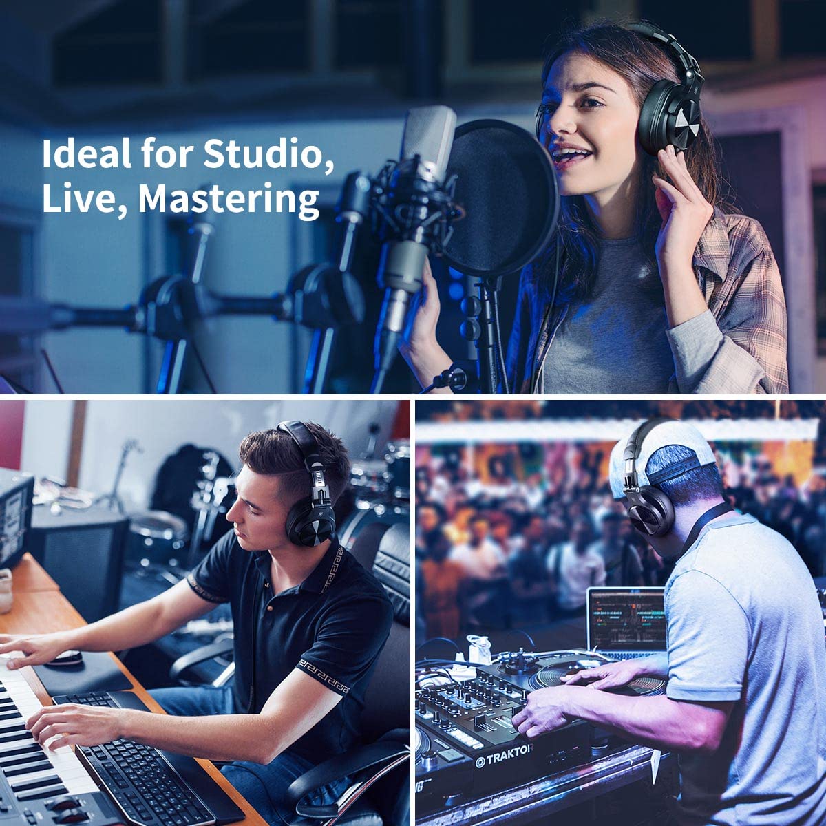 OneOdio A71 swiveling earcup demonstrating single-ear monitoring convenience during gigs