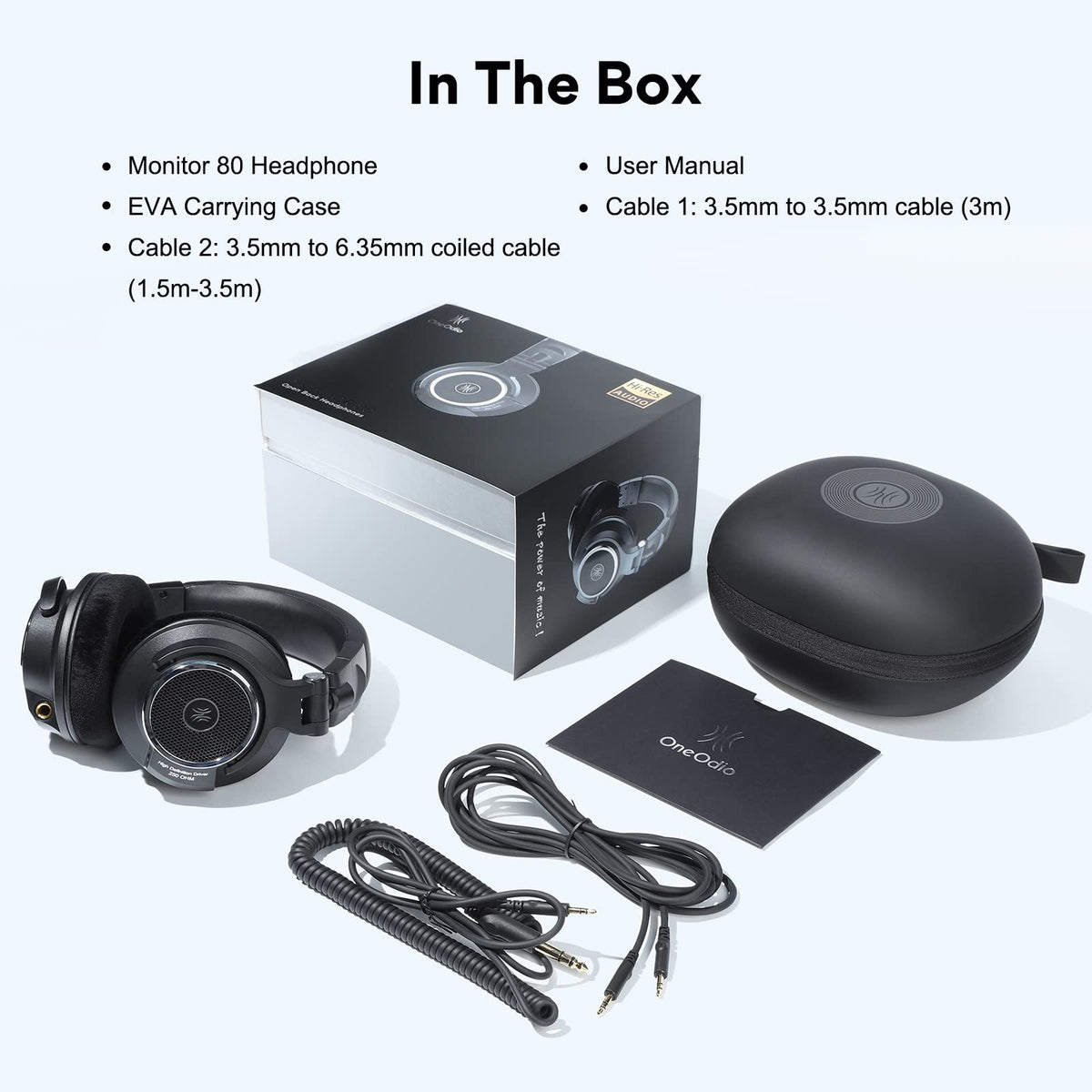 OneOdio Monitor 80 packaging and accessories including cables and adapter