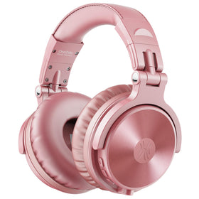 OneOdio front view of rose gold headphones showing sleek design and portability benefit