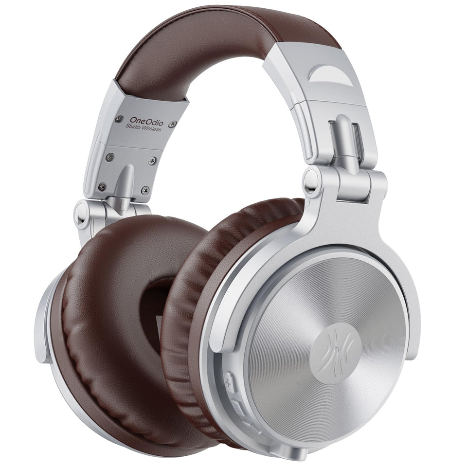 OneOdio front view of silver Studio Wireless Pro C showing sleek fascia and branding, stylish look
