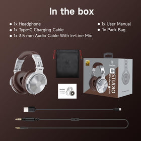 OneOdio packaging and accessories layout including cable and manual for ready-to-use setup