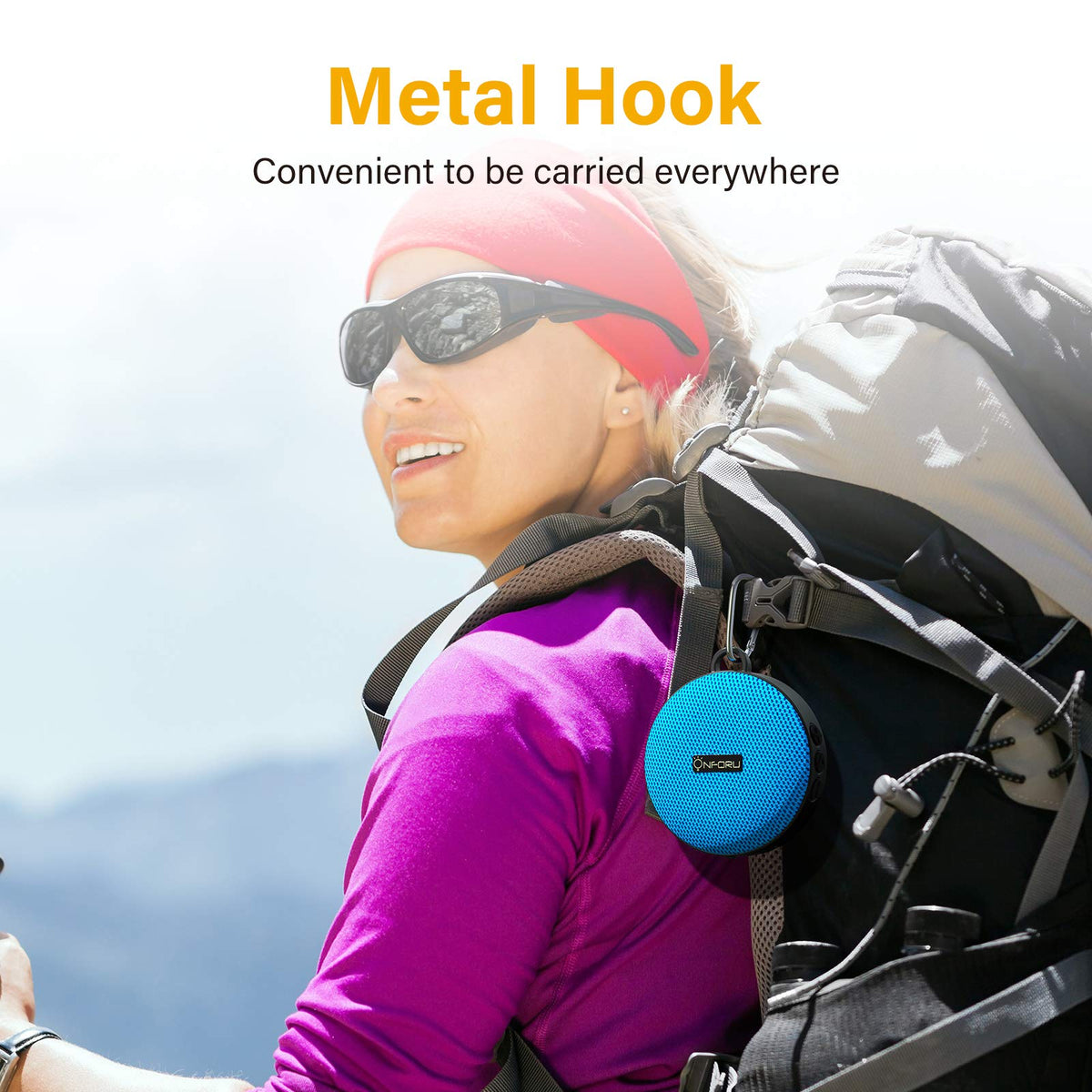 Onforu speaker hooked to backpack for portable audio on the trail