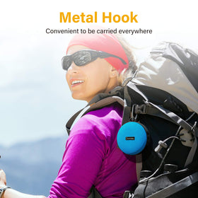 Onforu speaker hooked to backpack for portable audio on the trail