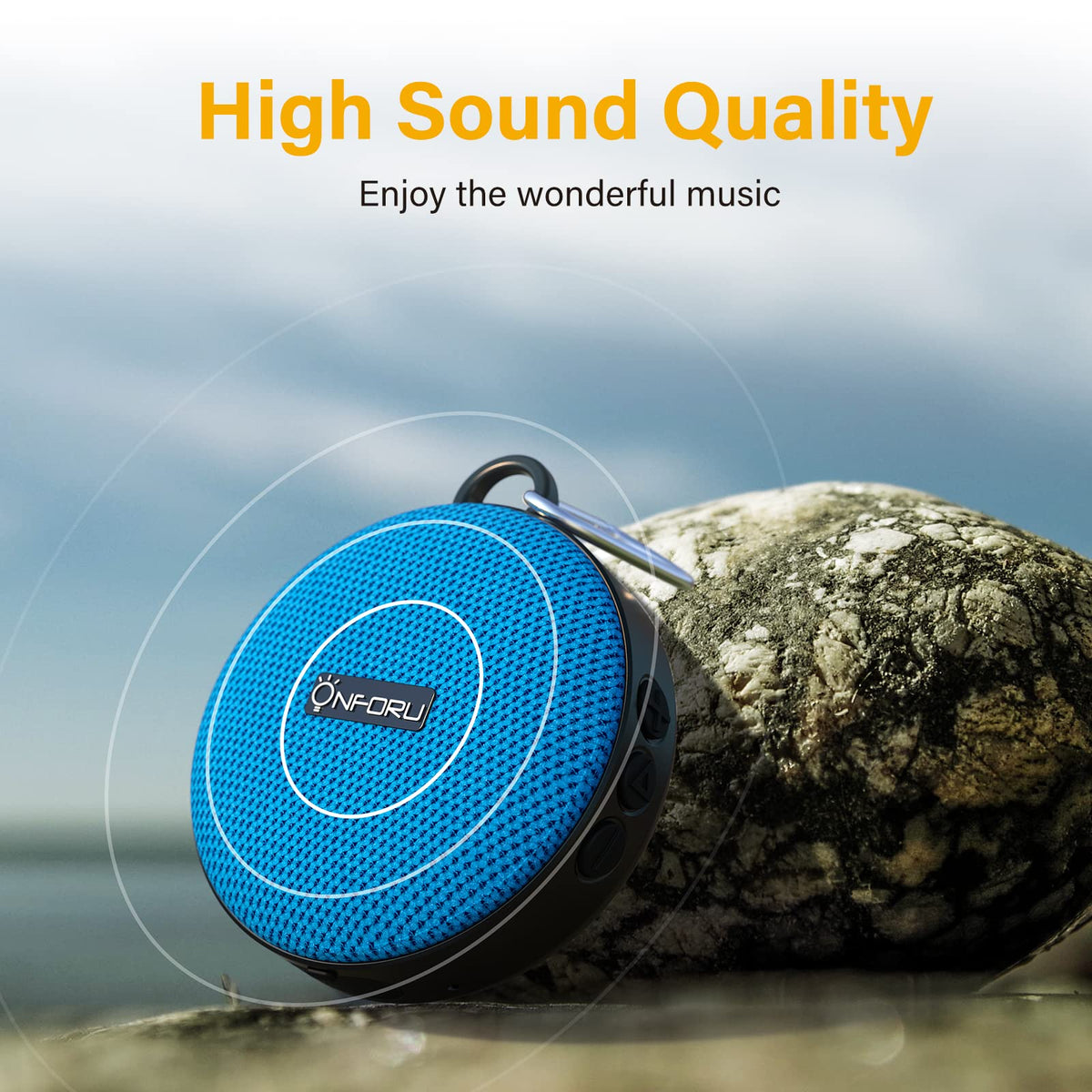 Onforu speaker with water splashes illustrating IP65 water resistance