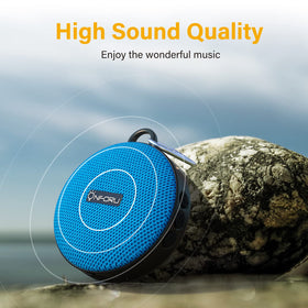 Onforu speaker with water splashes illustrating IP65 water resistance