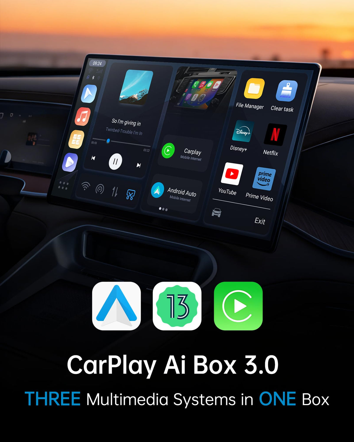 ONINCE Magic Box 3.0 Pro dashboard display shows wireless CarPlay setup.