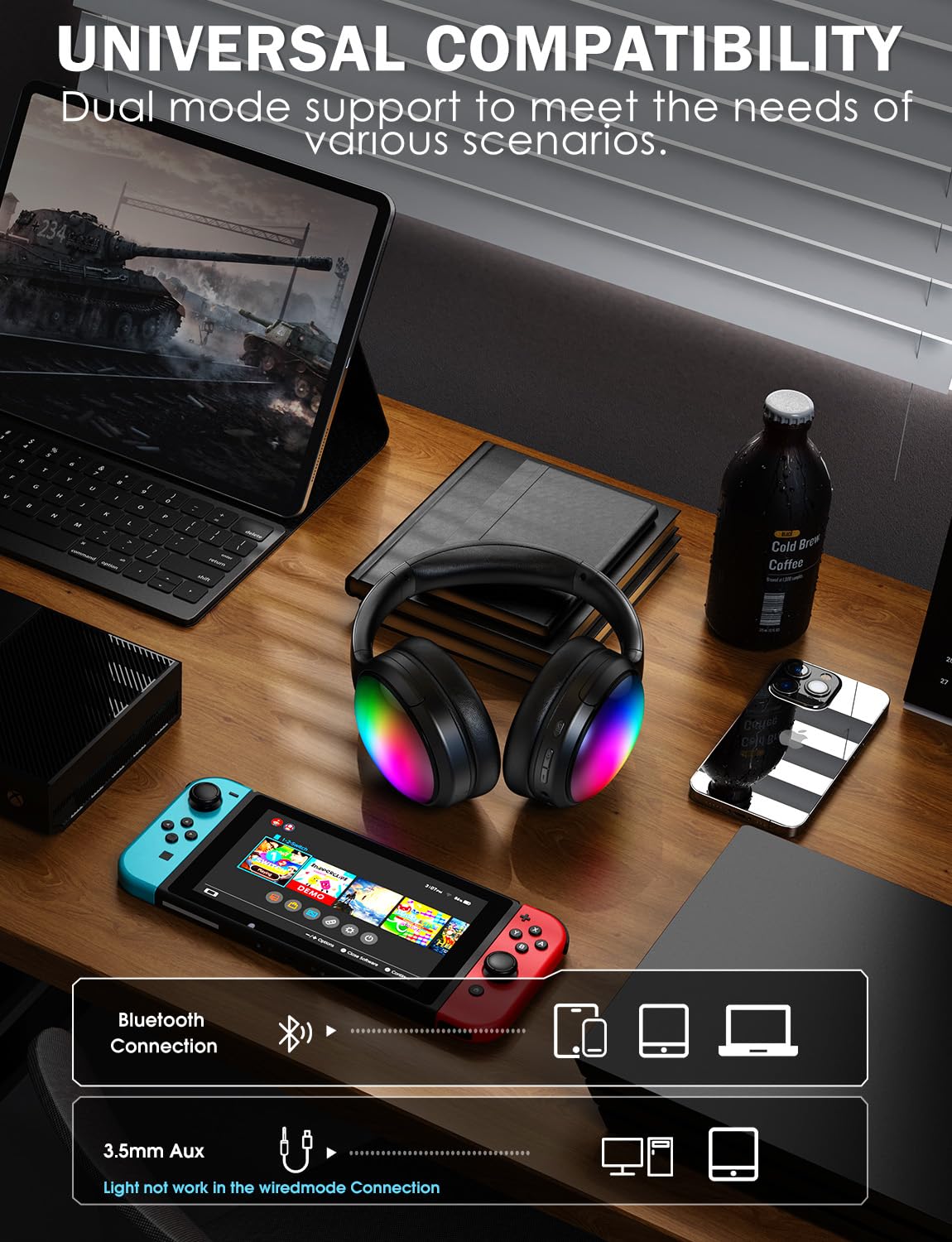 ONITOON wired AUX connection to phone illustrating compatibility and battery saving