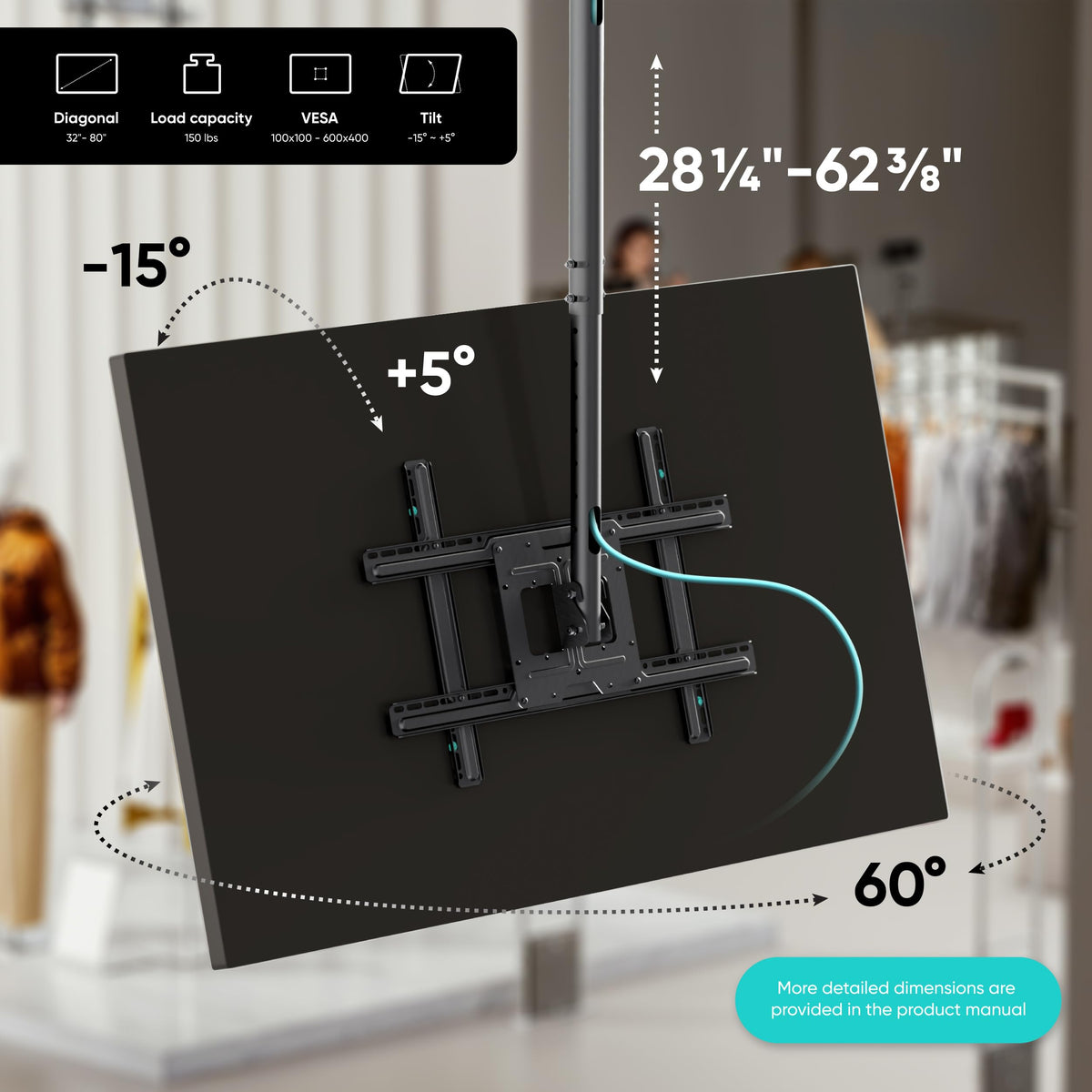 ONKRON ceiling mount with tilt and swivel for ideal viewing angles.