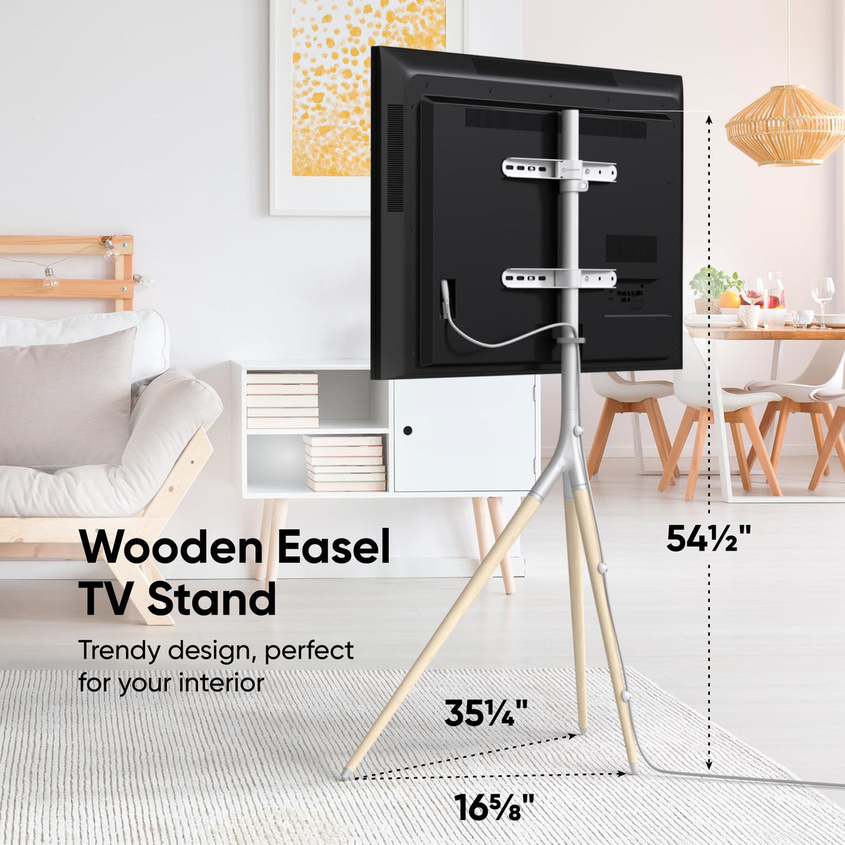 ONKRON easel TV stand side view showing slim profile and beech wood accents