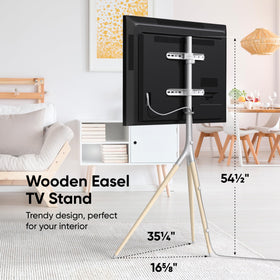 ONKRON easel TV stand side view showing slim profile and beech wood accents