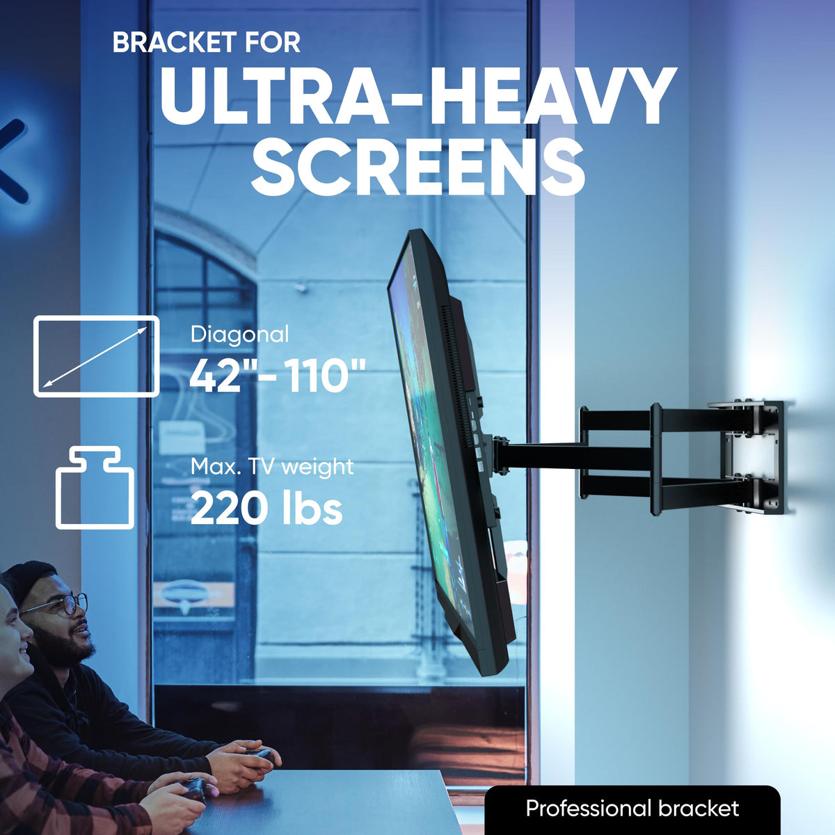 ONKRON heavy-duty arm extends to 40.5 inches for clear viewing from any room.