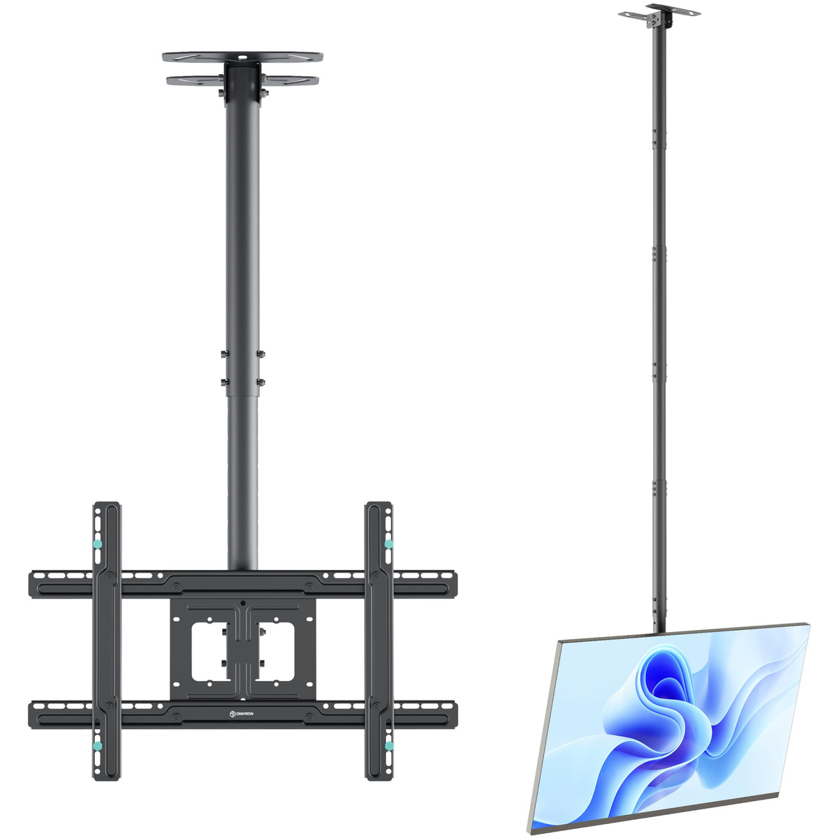 Full-motion arm on ONKRON N2L-B enables smooth swivels and tilts.