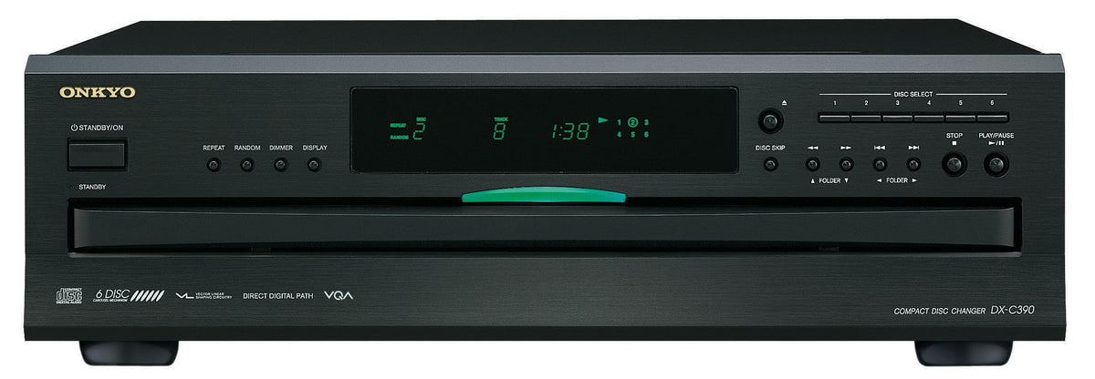 Onkyo DX-C390-B front panel with brushed aluminum finish for premium aesthetics.