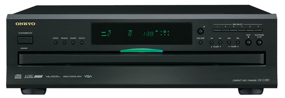 Onkyo DX-C390-B front panel with brushed aluminum finish for premium aesthetics.