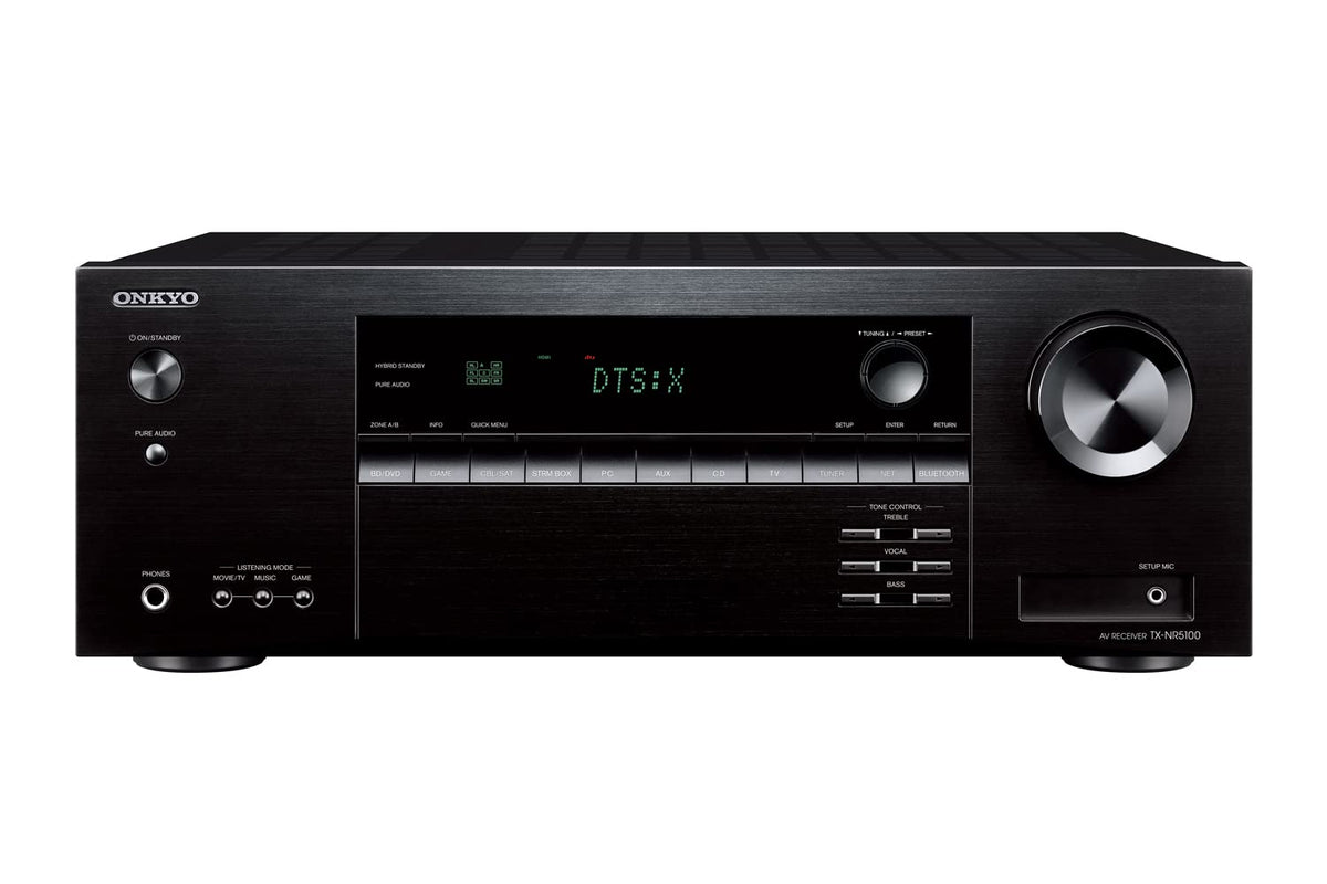 Onkyo TX-NR5100 front view, 7.2-channel 8K AVR for immersive home theater