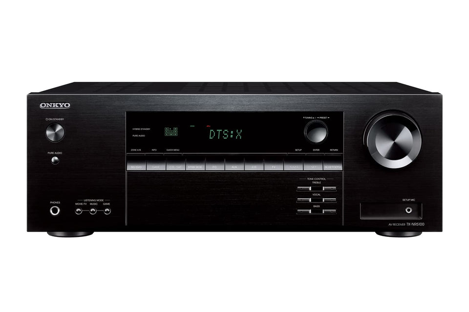 Onkyo TX-NR5100 front view, 7.2-channel 8K AVR for immersive home theater