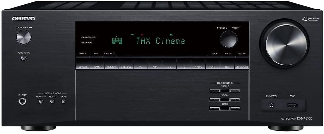 Onkyo TX-NR6100 front panel controls for quick movie-night setup.