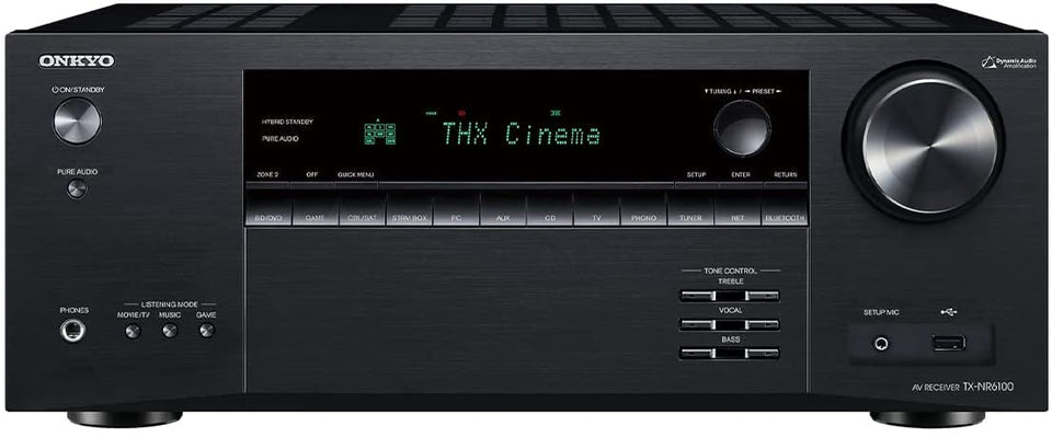 Onkyo TX-NR6100 front panel controls for quick movie-night setup.