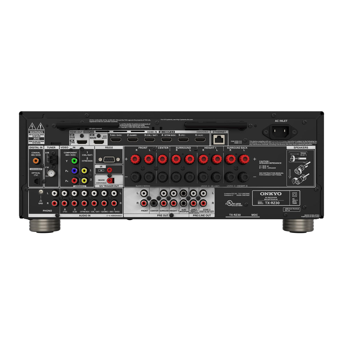 Onkyo TX-RZ30 back ports visible for flexible speaker and device connections