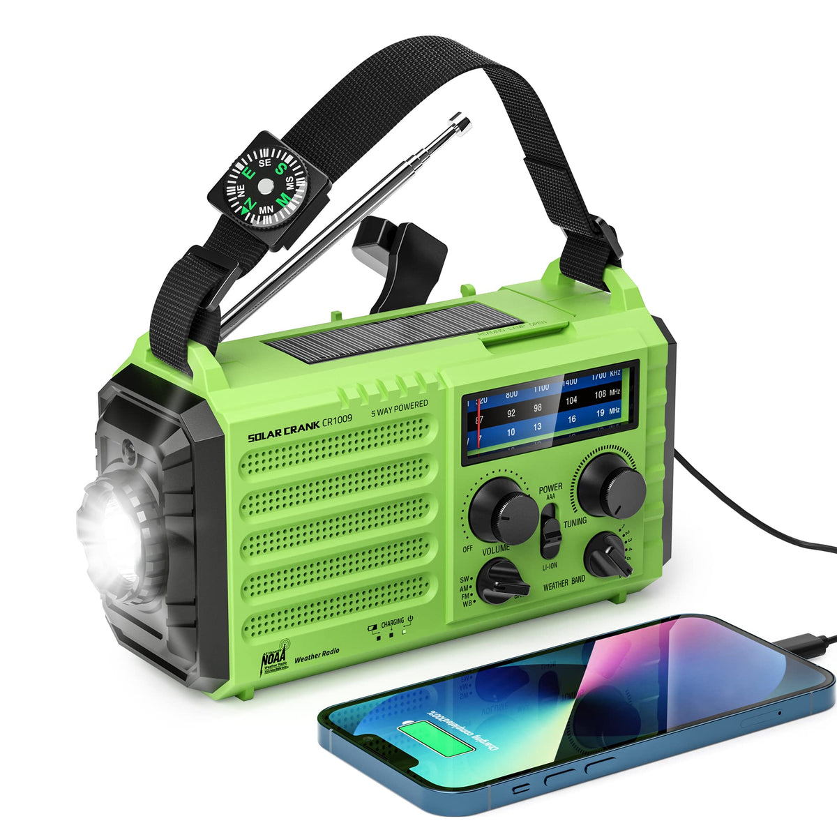 OnLyee emergency radio front view, compact and ready for home and outdoors.