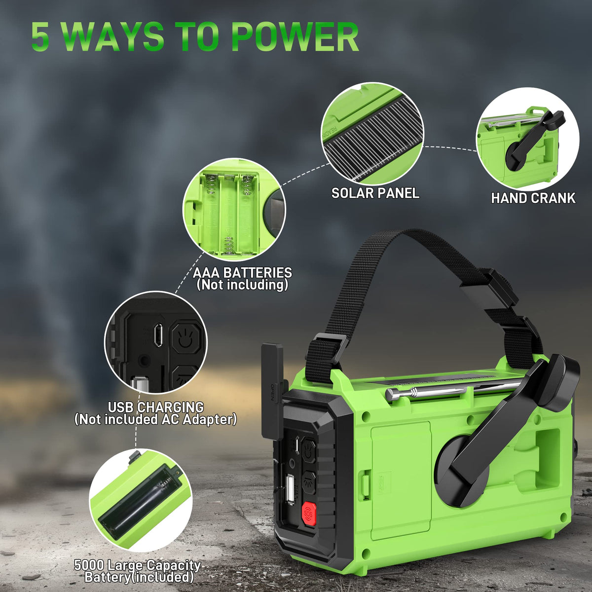 Solar panel on OnLyee radio enables eco-friendly charging outdoors.