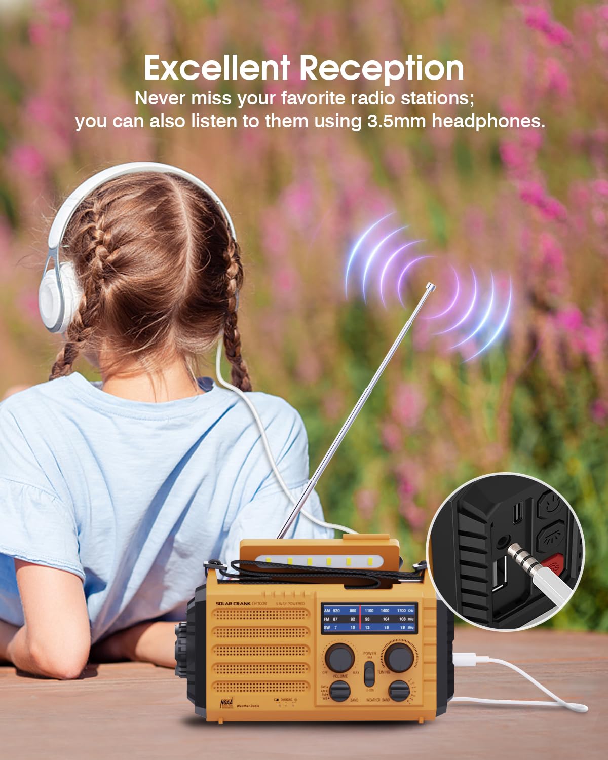 OnLyee Emergency Radio 3W LED flashlight provides bright beam up to 80 meters.
