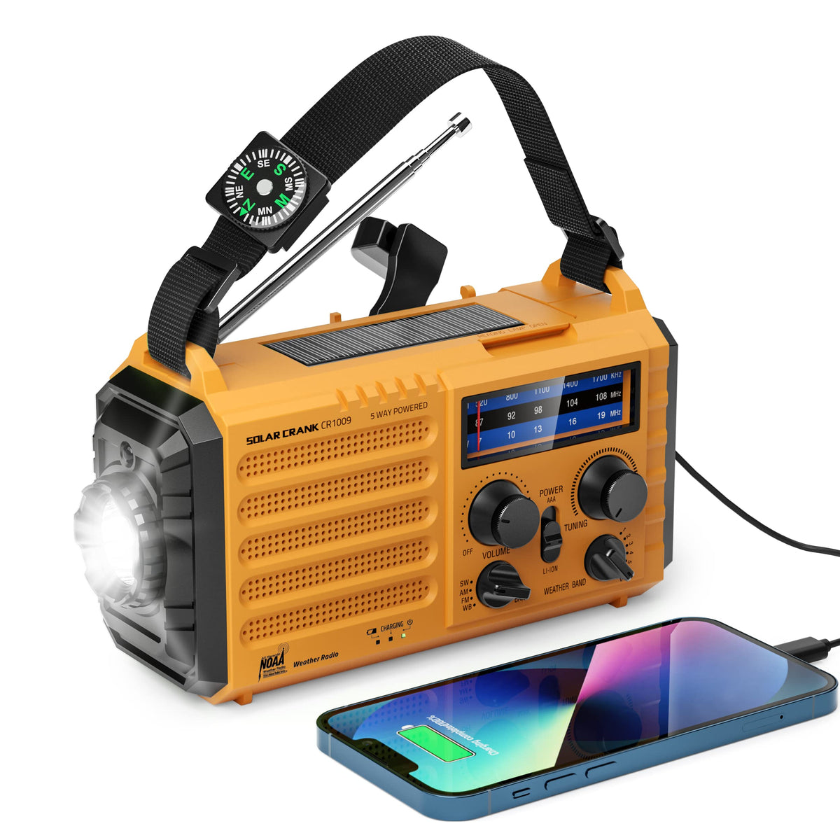 OnLyee Emergency Weather Radio showing NOAA alert feature for severe weather warnings.