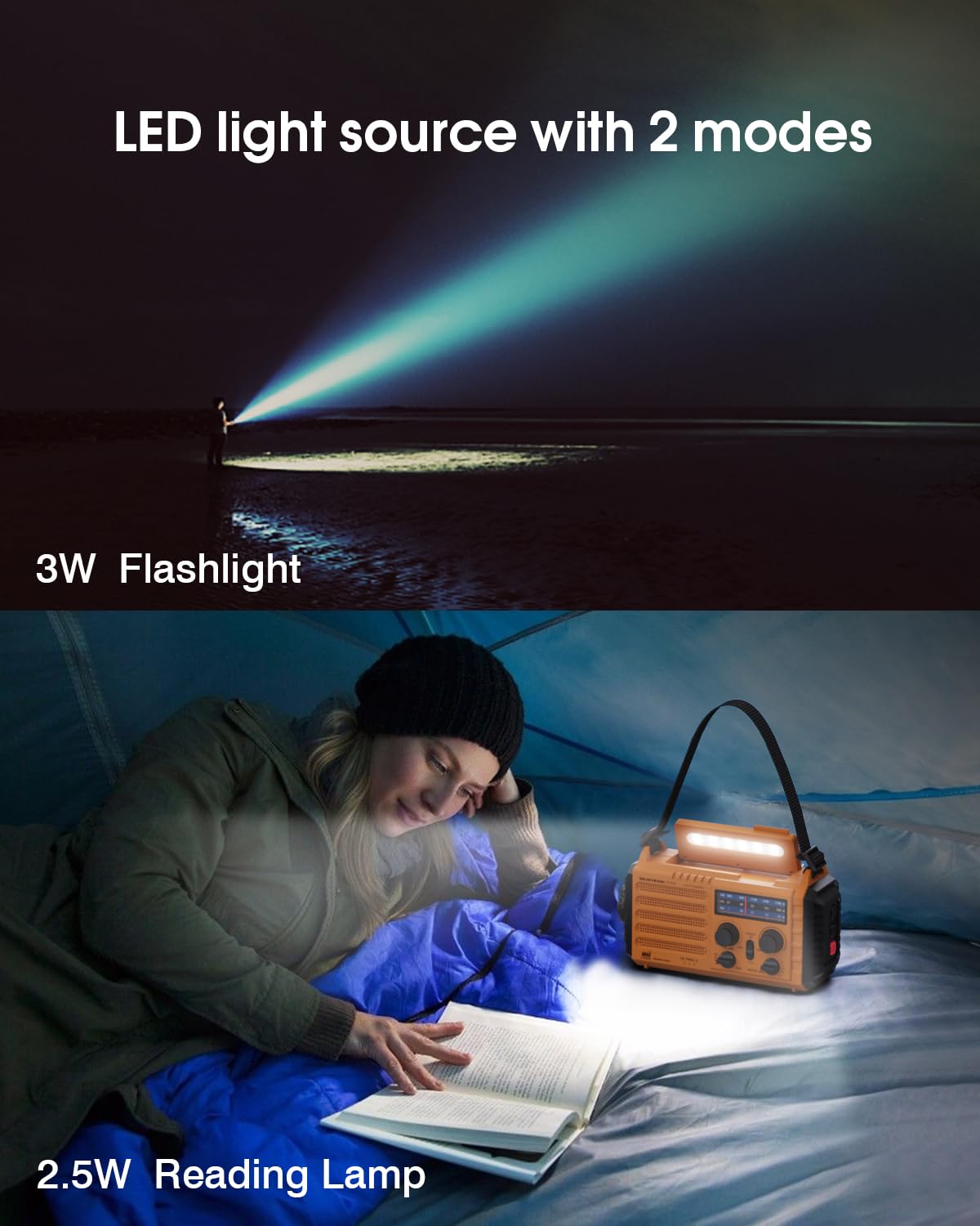 OnLyee Emergency Radio reading lamp with two brightness levels for nighttime tasks.