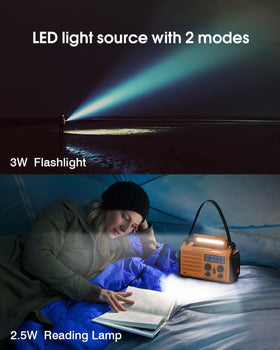 OnLyee Emergency Radio reading lamp with two brightness levels for nighttime tasks.