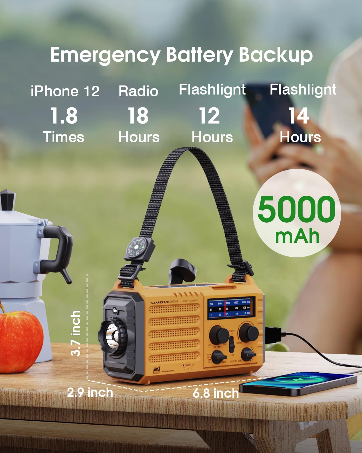 OnLyee Emergency Radio SOS alarm with red beacon for visibility in an emergency.