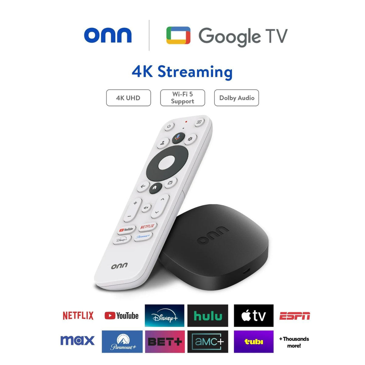 onn. Google TV interface on-screen displaying unified app recommendations