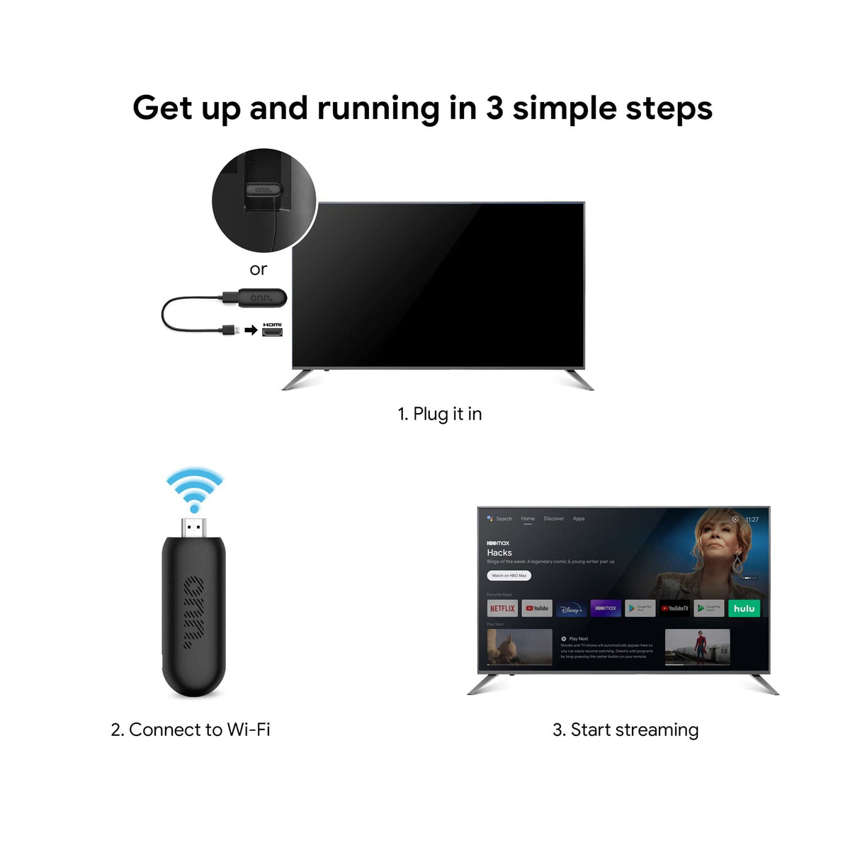 ONN streaming stick in living room setup displaying effortless streaming