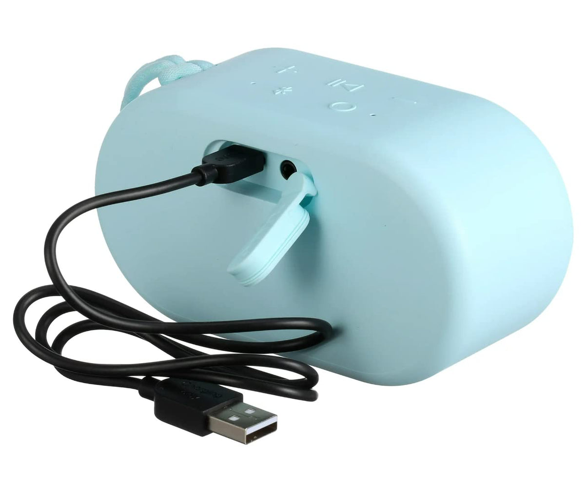 onn portable speaker side angle highlights durable grip and weather-ready design