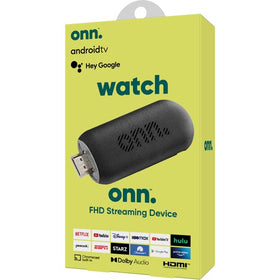 ONN streaming stick front view showing compact design and easy plug-in benefit