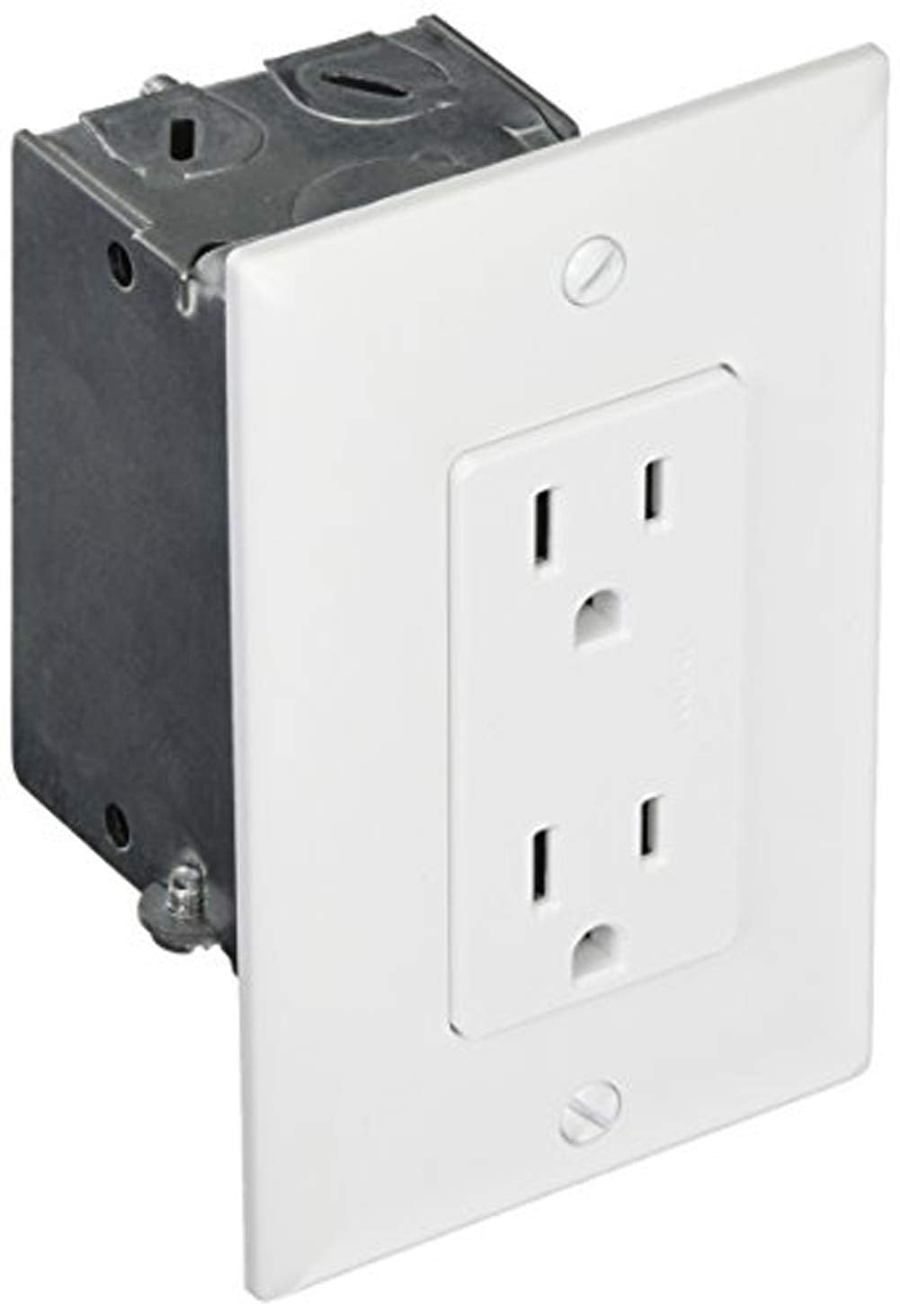 On-Q duplex power kit outlet shown inside enclosure, offering organized power access and safety.