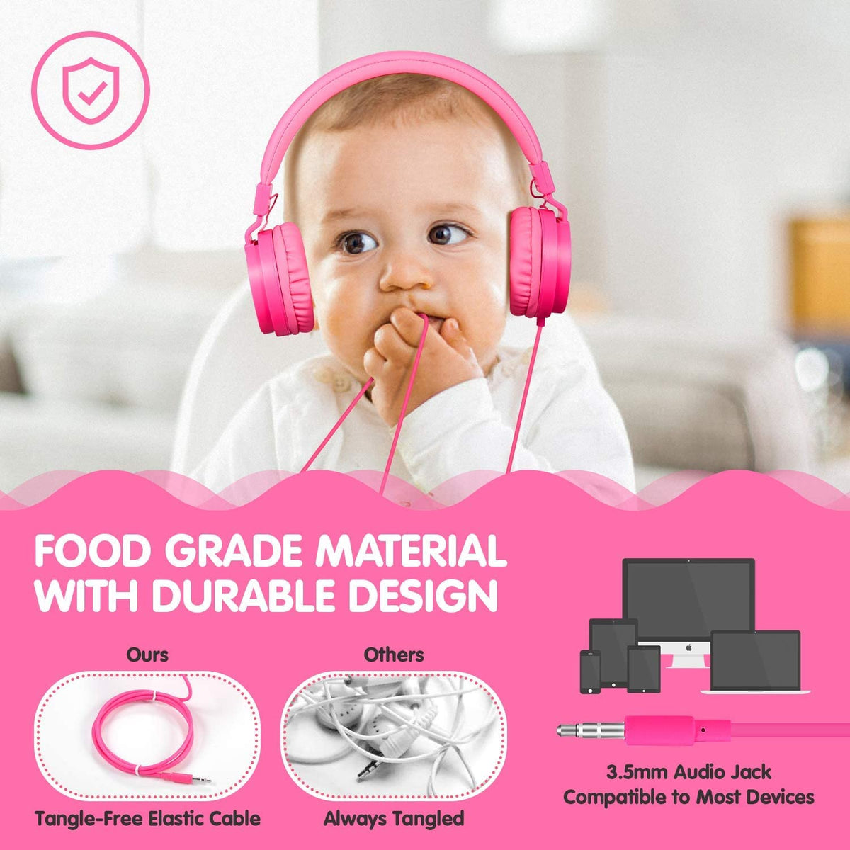 ONTA Kids Headphones pink durable TPE wire for long-lasting use.
