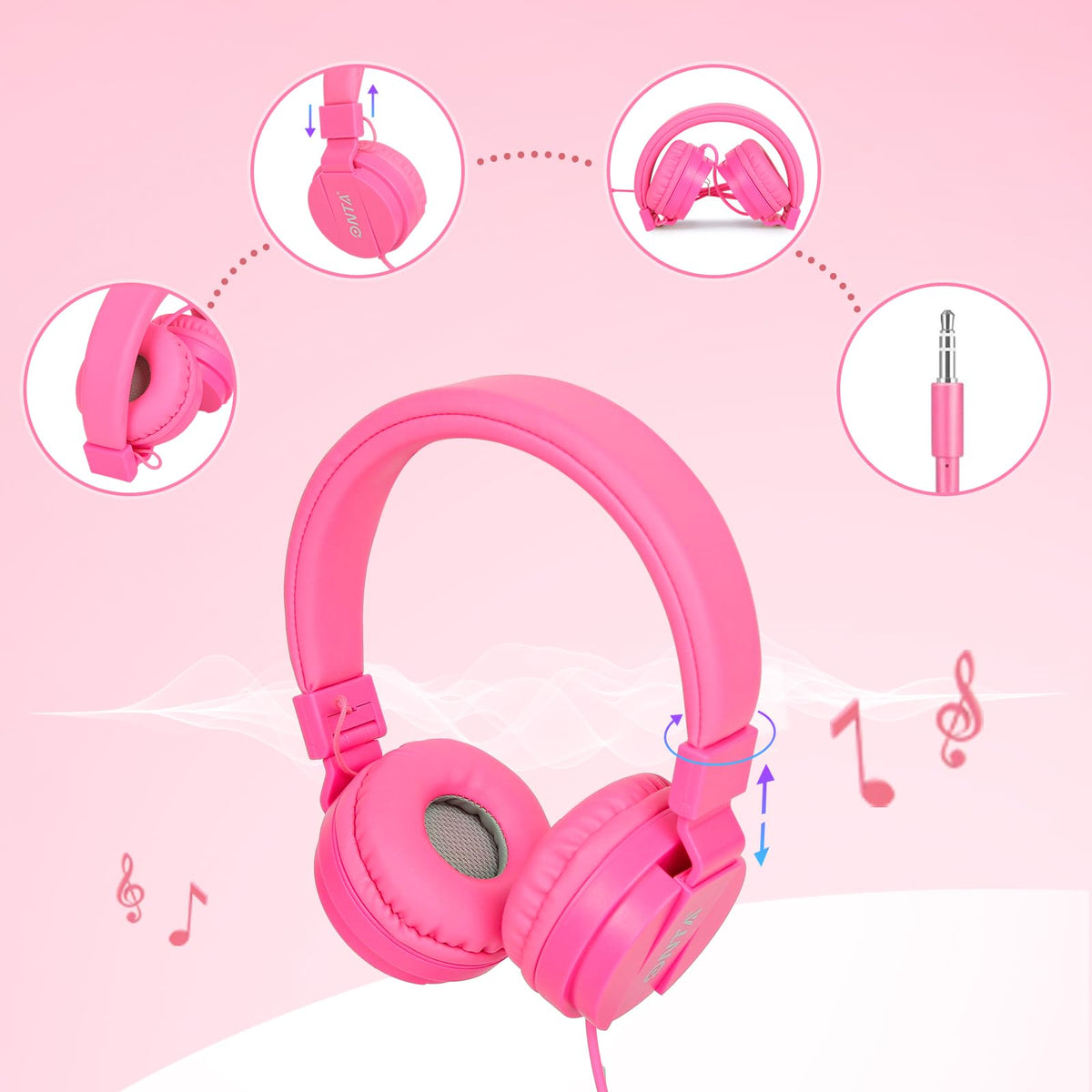 ONTA Kids Headphones pink in-use with tablets and laptops.