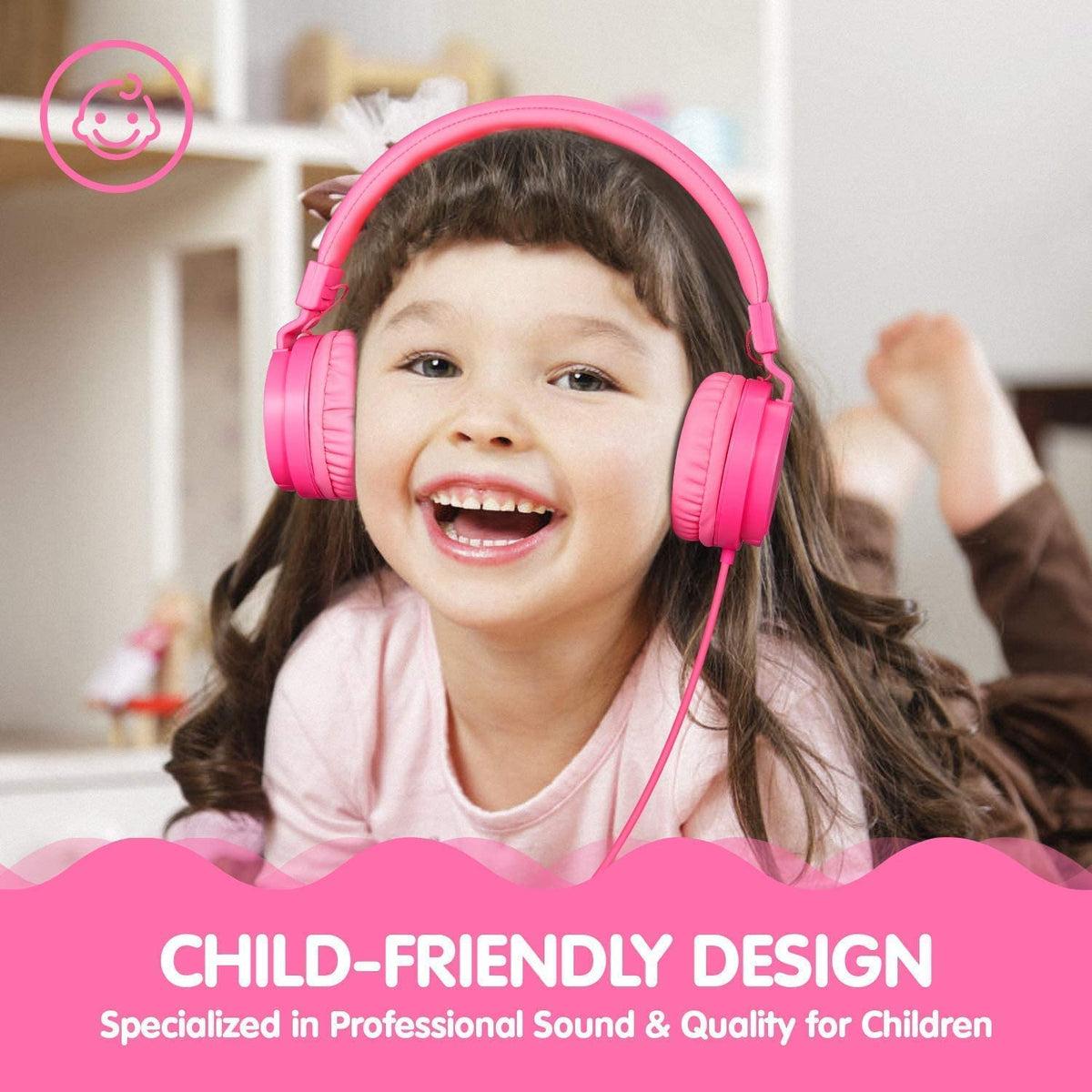 ONTA Kids Headphones pink tangle-free cord for easy use.