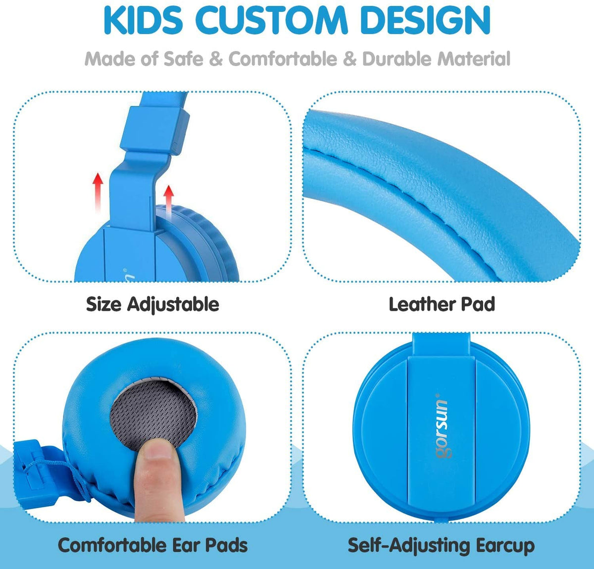 ONTA Kids Headphones blue soft ear cups provide gentle cushioning for kids.