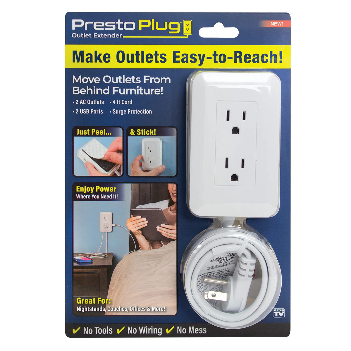 Ontel Presto Plug front view showing outlets and USB for convenient charging