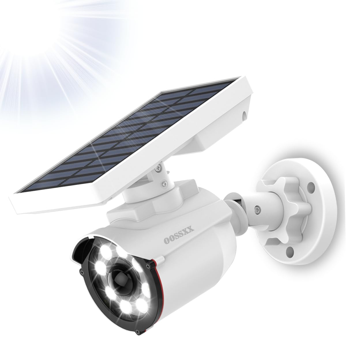 oossxx front view shows simulated camera and bright spotlight benefit visible deterrent