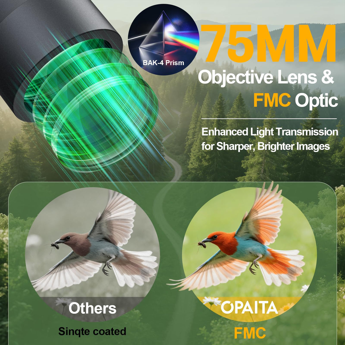 OPAITA 25x75 objective-lens shot, bright images in low light conditions.