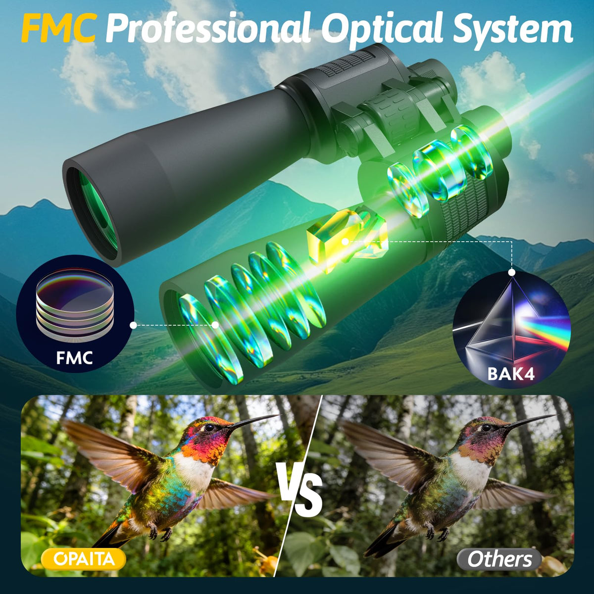 opaita objective lens detail highlighting 60mm light-gathering advantage
