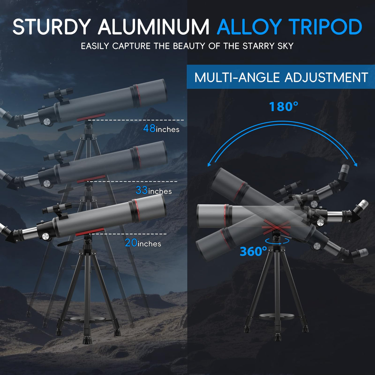Opaita telescope aluminum tripod provides stable, shake-free viewing