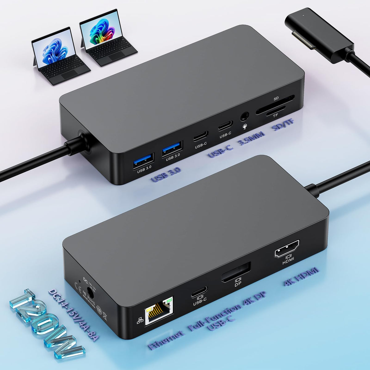 OPLUZ MS Surface Dock front view shows 12-in-1 versatility for productive setups