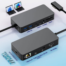 OPLUZ MS Surface Dock front view shows 12-in-1 versatility for productive setups