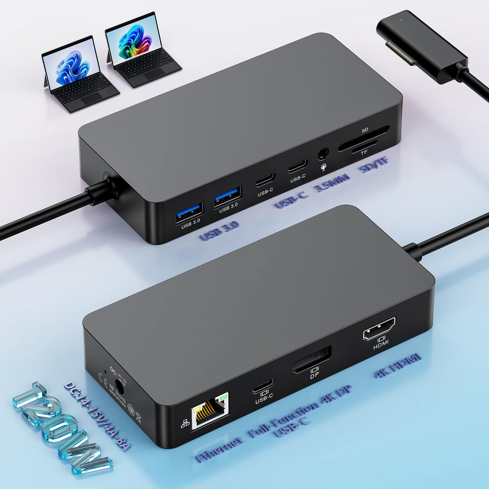 OPLUZ MS Surface Dock front view shows 12-in-1 versatility for productive setups