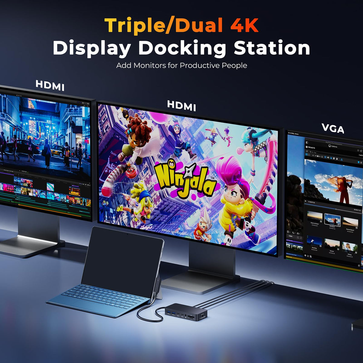 Opluz Surface Docking Station dual HDMI-4K setup supports sharp extended displays.
